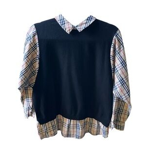 Stylish‎ Sweater Vest Black Plaid Collared Long Sleeve Shirt Size M